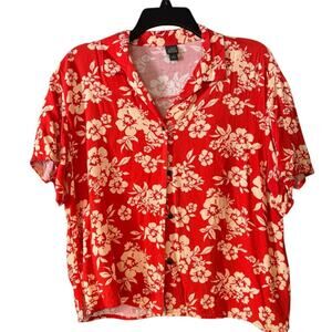 Red Floral Button-Up T-shirt Tropical Print Lightweight Relaxed Vacation Style
